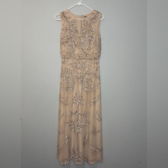 Aidan Mattox Hazel Dress Nude Mesh Overlay w/ White Sequins & Beadwork 4 - Picture 4 of 10